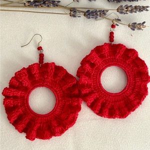 Red Wavy Crochet Earrings - Handmade